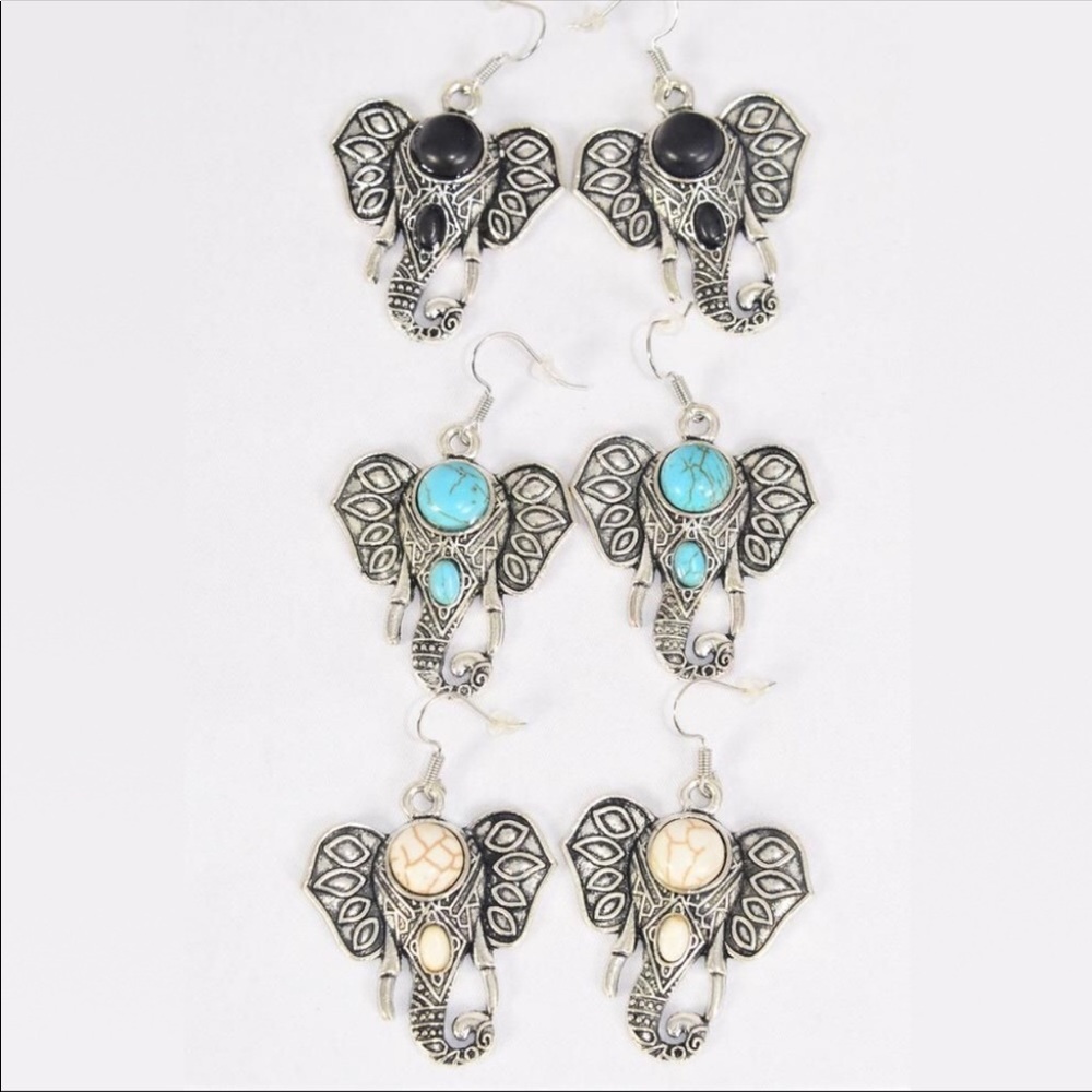 Antique Metal Elephant Semiprecious Stone Earrings